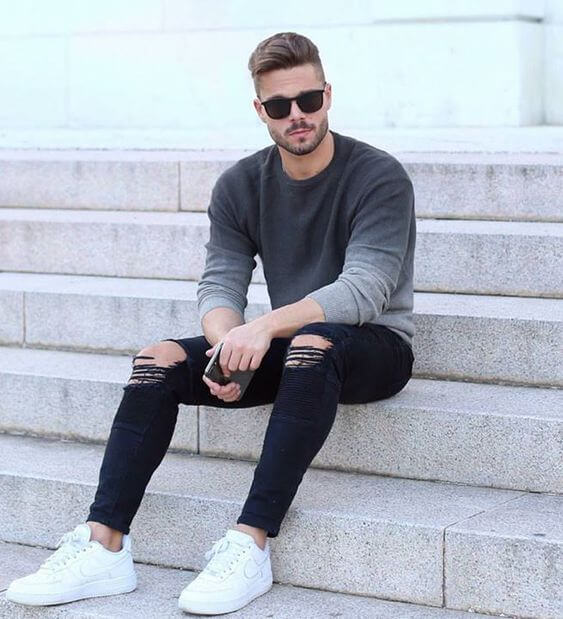 ripped jeans with white shoes