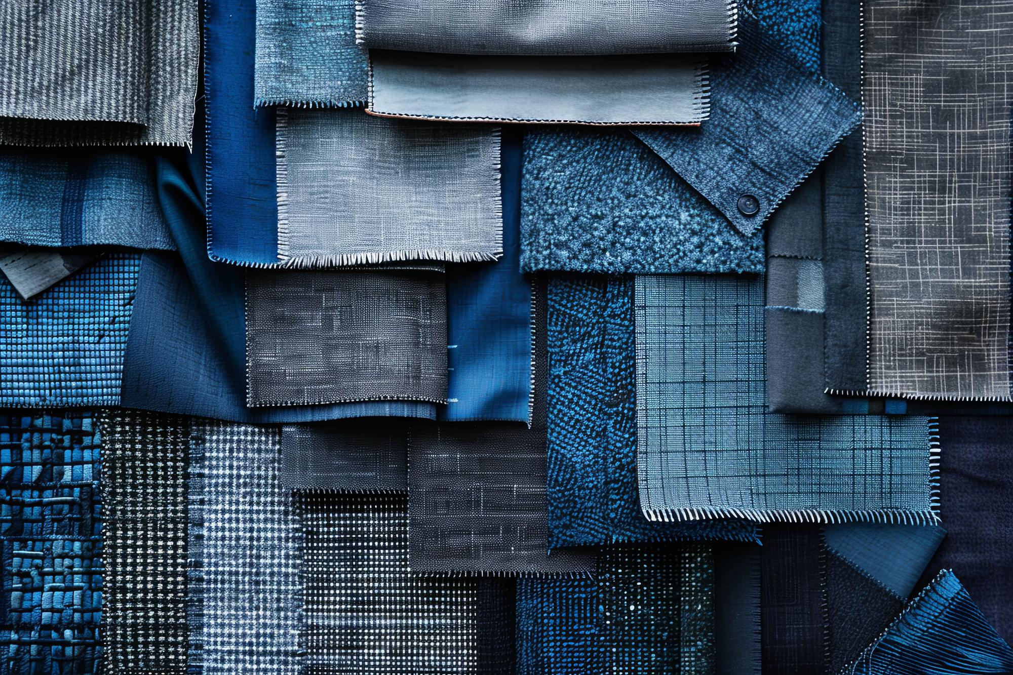 variety of denim fabric swatches and thread samples